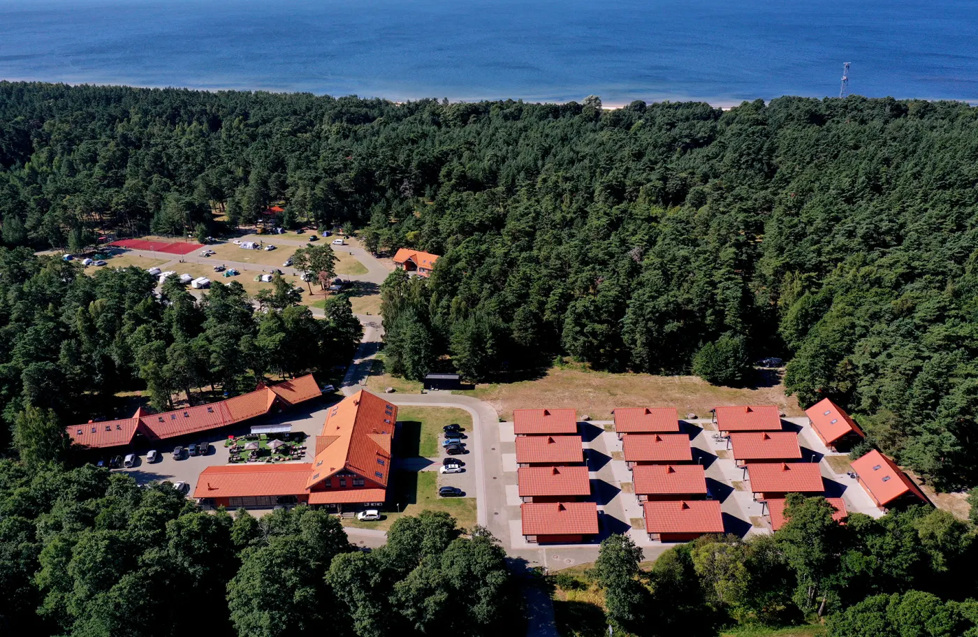 Compensa kempingas iš oro — pušynas ir jūra už jo