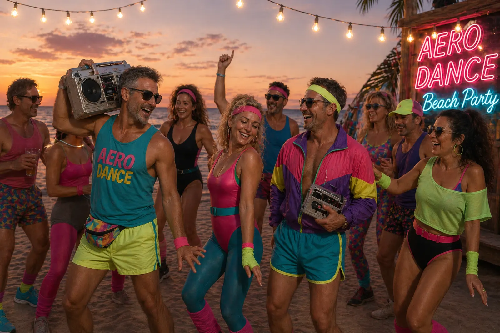 AeroDance Beach Party — neoniniai kostiumai paplūdimyje